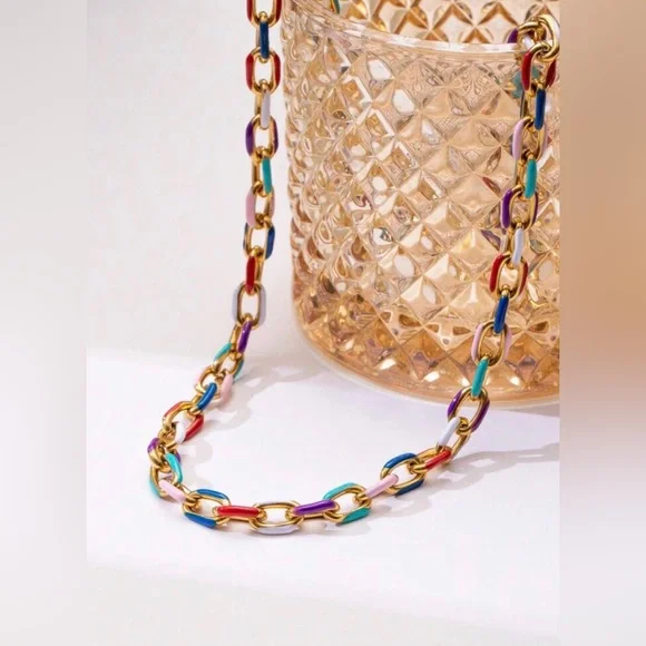 LAST ONE New Rainbow Color Block Chain Choker Necklace ~ Stainless Steel Enamel - Picture 3 of 16